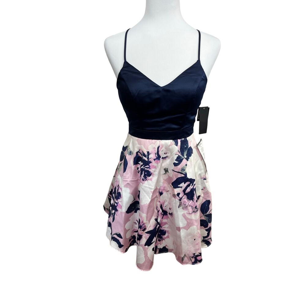 CITY STUDIO Womens Navy Pocketed Zippered Floral Mini Dress NWT